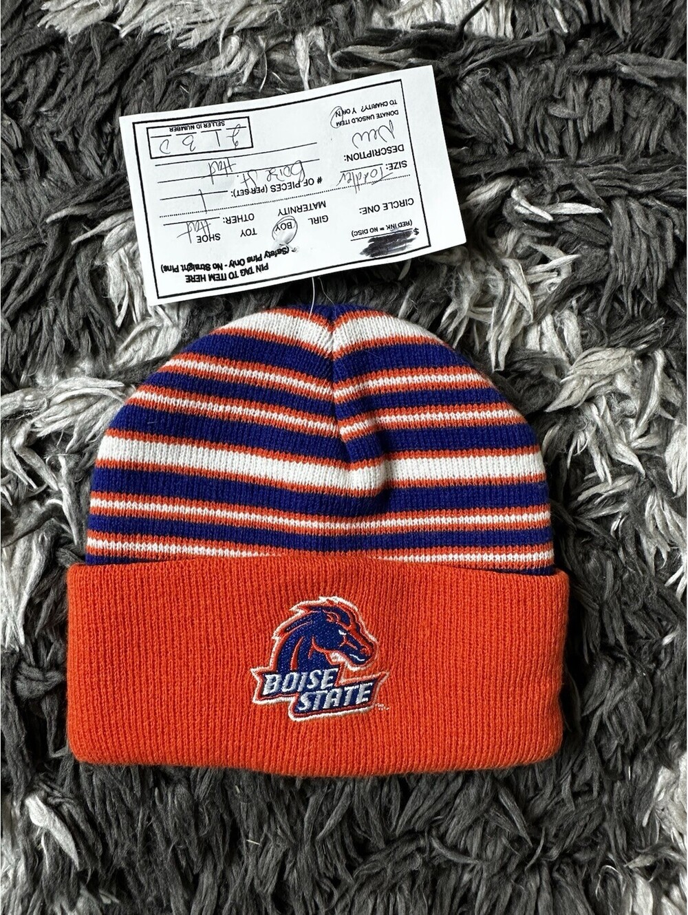 NWT Boise State Broncos Youth Knit Beanie Hat Striped Orange Blue NCAA College